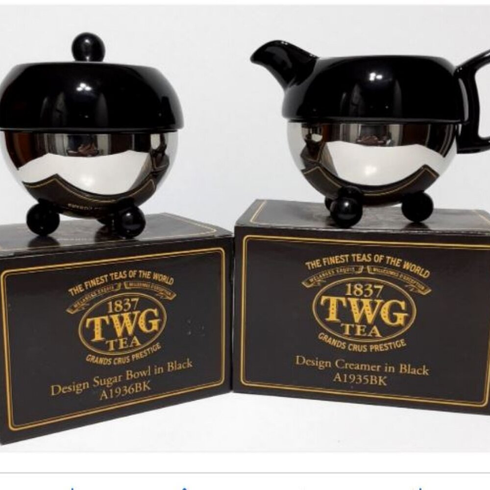 TWG Tea Creamer & Sugar Bowl w/ Lid Set A1935BK  A1936BK Black & Silver NEW NIB